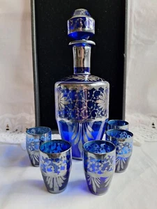 Vintage Cobalt Blue Glass Decanter and Stopper With Silver Overlay & 5 Glasses - Picture 1 of 16