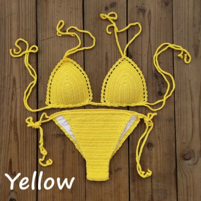 Mujeres Crochet Sexy Bikini Conjunto Parte Superior Inferior Boho Cuerda Bikini Tomar el Sol Traje de Baño Foto 1 de 3