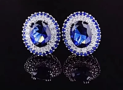 18k White Gold Plated Blue Topaz Oval Earring Set Lab-Created Swarovski - Image 1 of 2