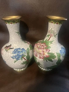 Vintage Chinese Floral Butterfly 7" Cloisonne Mirror Pair Vases White Background - Picture 1 of 11