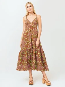 495 $ A.L.C. Damen braun Leinen Blumen V-Ausschnitt Rhodos Volant Maxi Größe 2 - Bild 1 von 8