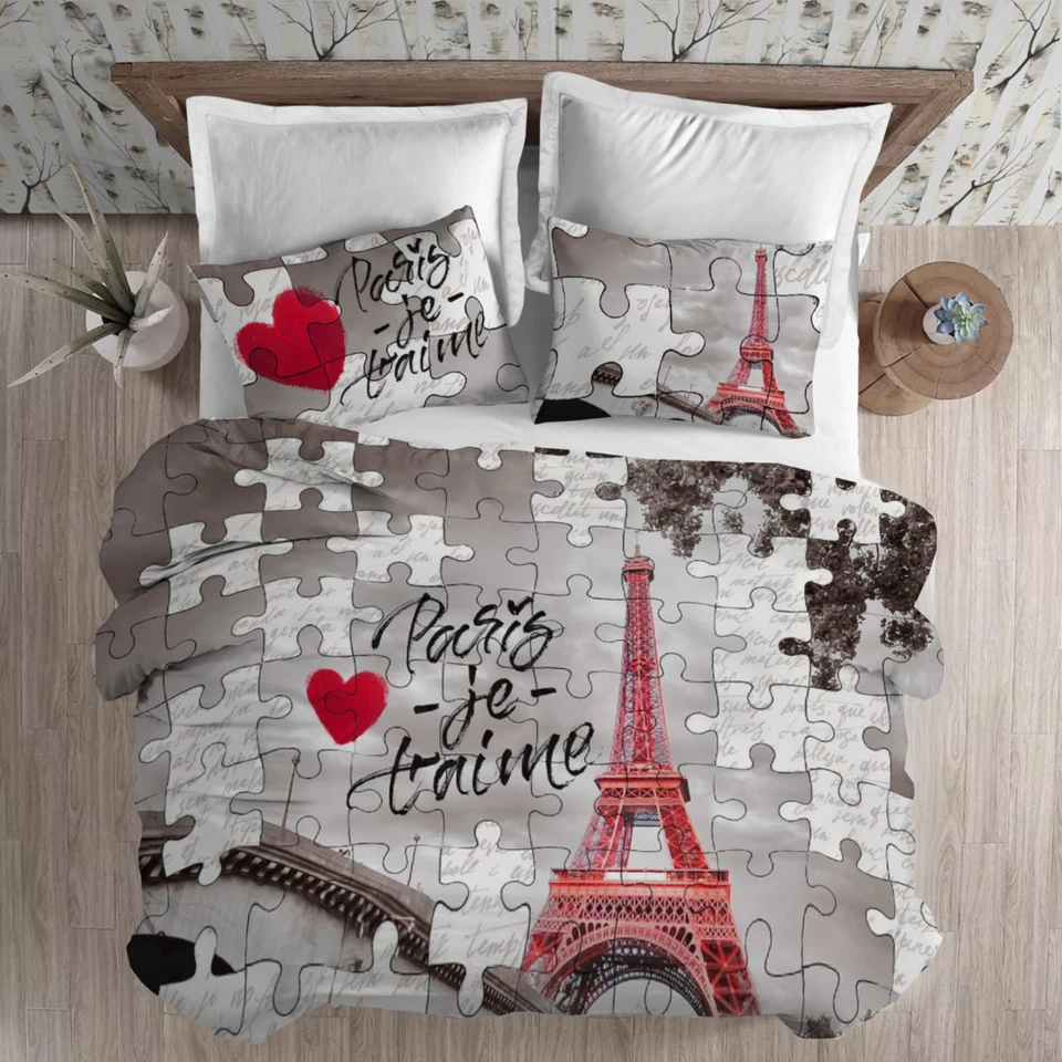 COPRIPIUMINO MATRIMONIALE PARIGI TOUR EIFFEL STAMPA DIGITALE COTONE CON PATELLA - Immagine 1 di 2
