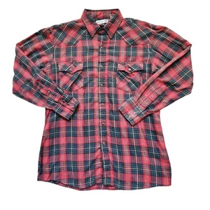 Vintage 60s Roebuck Red Plaid Shirt Gray Western Pearl Snap Cowboy Size LT - Picture 1 of 8