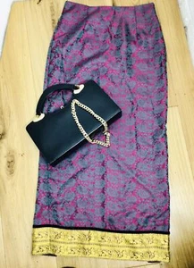 Maxi gonna nuova con etichette $180 Dona Jean 100% seta fucsia verde acqua medievale spacco profondo M Uk10 - Foto 1 di 11