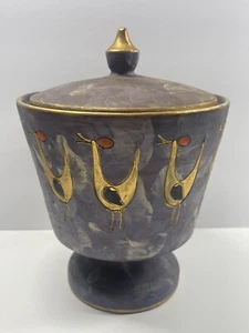 ELBEE Italian Pottery MCM Art Deco Lidded Dish Candy Sgrafitto Gold Birds 30/146 - Picture 1 of 16