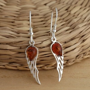 Cognac Baltic Amber 925 Sterling Silver Angel Wings Dangle/Drop Earrings - Picture 1 of 5