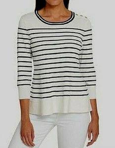 DAMEN XXL TOMMY 3/4 ÄRMEL GOLD KNOPF SCHULTER GESTREIFT PULLOVER, SCHWARZ & WEISS - Bild 1 von 4