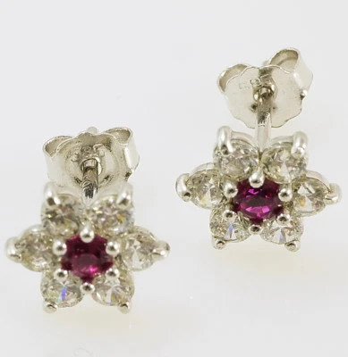 585 Weissgold Ohrstecker Zirkonia rubin und klar Blume 14 K Gold 1 Paar - Bild 1 von 2