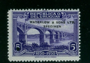Uruguay 1933, 5m Black River BRIDGE, trial color, WATERLOW SPECIMEN ovpt., #394 - Picture 1 of 1