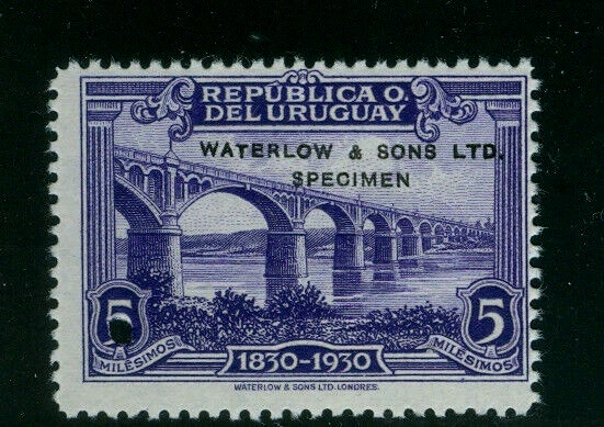 Uruguay 1933, 5m Black River BRIDGE, trial color, WATERLOW SPECIMEN ovpt., #394 - Image 1 of 1
