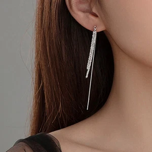 Pendientes largos colgantes con flecos de cadena de plata esterlina A1633 - Imagen 1 de 6