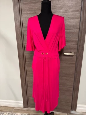Vestido midi envolvente con sobrepelliz rosa para mujer VENUS talla pequeña mangas campana corbata Foto 1 de 4