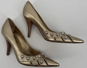 Sergio Rossi Rhinestone Leather Pointed Toe Pumps Gold Sz EUR 38.5 (US 7.5) - Picture 1 of 14