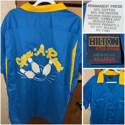Vintage 1970’s Bowling Shirt Mens 2XL Blue Yellow Spam A Rama Hilton USA Graphic - Image 1 of 4