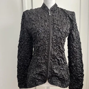 Vintage JBS LTD.  Black Ruched Sequin Zip Front Jacket  ~ Size M - Picture 1 of 6