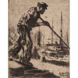 E. Holzer Schiffer Hafenarbeiter Schiffahrt Realismus signiert Radierung um 1900 - Picture 1 of 5