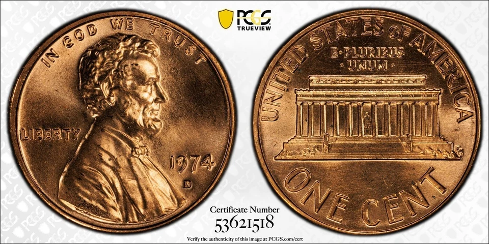 1974-D Lincoln Memorial Cent - PCGS MS66RD with Goldshield - Image 1 of 1