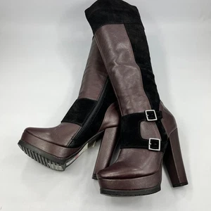 Faith halbhohe Damenstiefel rotweinfarben Leder Wildleder UK 5 hoher Absatz Schnalle - Bild 1 von 14