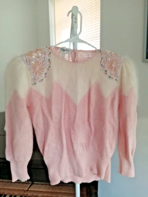 Vintage Style Pink Fuzzy Sweater Women’s M Floral Beaded Sequin Embellished Pull - Image 1 of 4