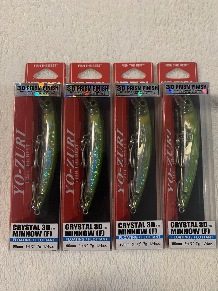 (LOTE DE 4) CRISTAL YO-ZURI 3D PRIZM MINNOW 90mm. 1/4 oz. VERDE PRATA NOVO NA CAIXA - Imagem 1 de 3