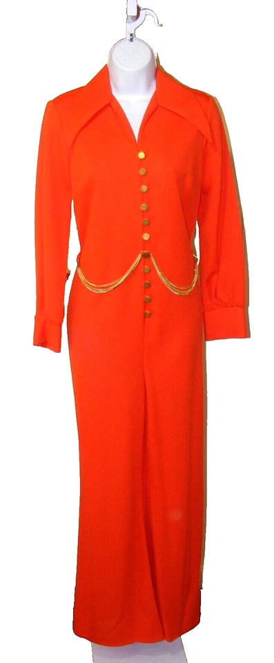 70S DISCO JUMPSUIT ORANGE POLYESTER ONE PIECE GOLD BELT VINTAGE 1970S FASHIONS S - Image 1 of 4