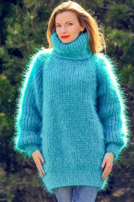 SuperTanya green blue fuzzy mohair sweater ribbed pullover, ready to ship, L-XL - Image 1 of 4