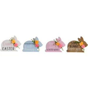 Northlight Set of 4 Floral Bunny Wooden Tabletop Easter Signs 7.75" - Picture 1 of 6