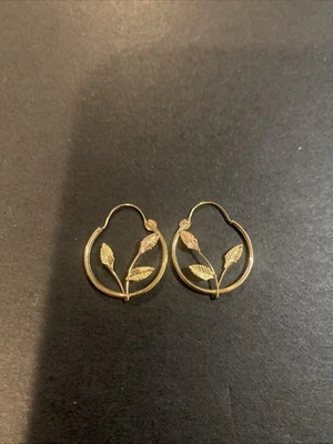 Signed JCM 14K Yellow Rose Gold Leaves Hoop Earrings - Image 1 of 4
