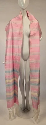 VICTORIAN 19TH C PINK PINSTRIPED SILK SHAWL FOR DRESS W FRINGE ENDS - Image 1 of 4