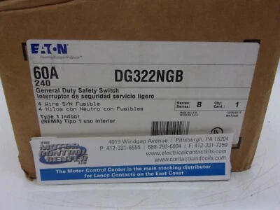DG322NGB-EATON-GENERAL DUTY SAFETY SWITCH-4 WIRE,FUSIBLE,3P,60A,240V,NEMA 1 - Image 1 of 4
