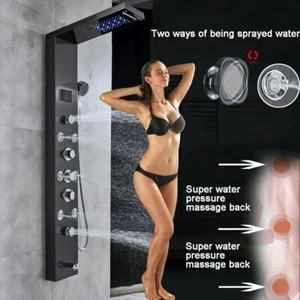 LED Shower Panel Column Tower Black Waterfall Massage Jet Stainless Steel System - Picture 1 of 14