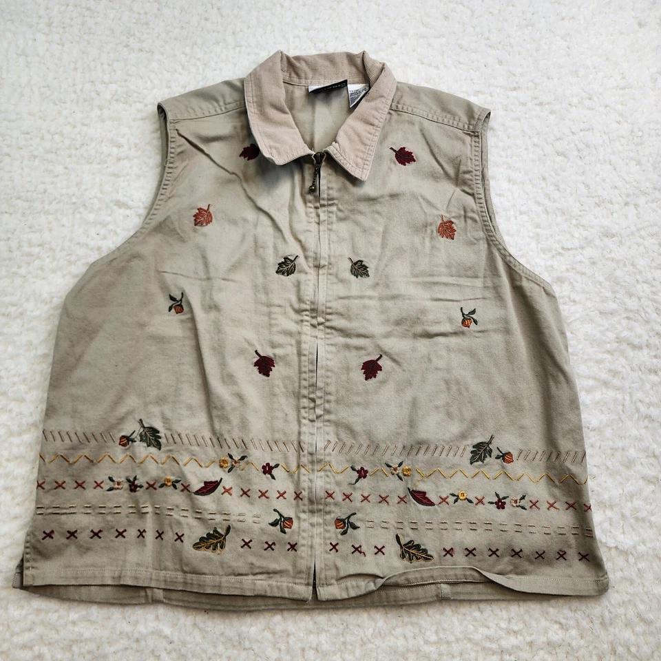 Chaleco Bug Moda Vintage L Beige Pana Lona Bordado Hojas Artístico Foto 1 de 4