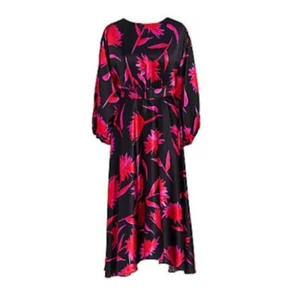 NWT Saloni Kim B Midi Dress Womens 0 Pink Black Silk Belted Long Sleeve NEW - Picture 1 of 15