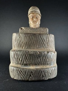 LARGE ANCIENT BACTRIAN MARGIANA STONE DIETY IDOL WITH HAT & DECORATION CA 2000BC - Picture 1 of 18