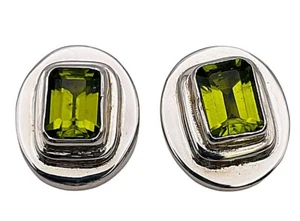 Sterling Silver Natural Peridot Emerald Cut August Birth Stone Earrings -3538 - Picture 1 of 7
