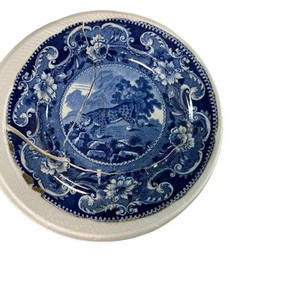 Piatto scena leopardo blu e bianco Enoch Woods & Son XIX secolo Burslem rotto 4 pezzi - Foto 1 di 8