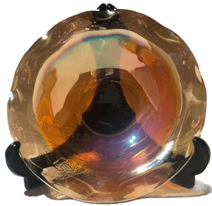 Vntg 9.5” Carnival Glass Decorative Bowl/Centerpiece Amber Etched Flowers - Picture 1 of 9