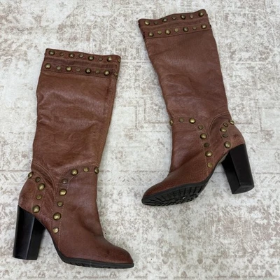 Botas Bronx para mujer talla 8 EU 38 cuero marrón tachonado hasta la rodilla tacón bloque cremallera Foto 1 de 4