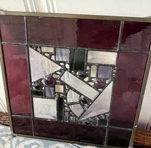 Vintage Stained Glass Panel Geometric Brutalist Design Purple Green Signed 10” - Picture 1 of 16