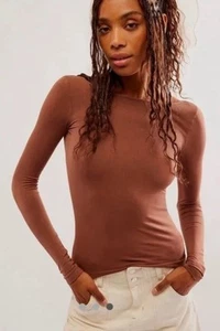 FREE PEOPLE Intimately Low-Back Seamless Long Sleeve Brown Top Size XS/S - Picture 1 of 8