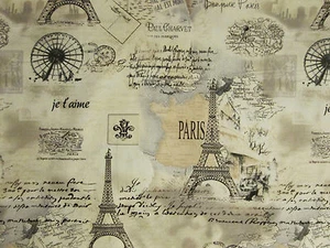 VINTAGE PARIS EIFFEL TOWER MAP SCRIBE TANS COTTON FABRIC BTHY - Picture 1 of 5