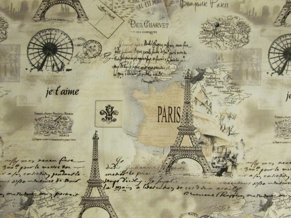 VINTAGE PARIS EIFFEL TOWER MAP SCRIBE TANS COTTON FABRIC BTHY - Image 1 of 4