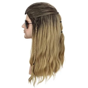 Long Curly Wave Wigs Male Cosplay Hair Ombre Ash Blonde Costume Toupee w/Cap Men - Picture 1 of 4