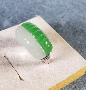Green & White Jade Layered Half Circle Dome Ring Rhodium Plated - Picture 1 of 8