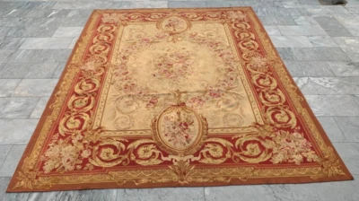 Vintage French Aubusson Rug Needlepoint Chain stitch Rug 8x10 ft Free Ship - Image 1 of 4