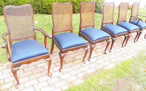 Ethan Allen Georgian Court Set of 6 Cherry Queen Anne Caned Arm Chairs Blue seat Cover