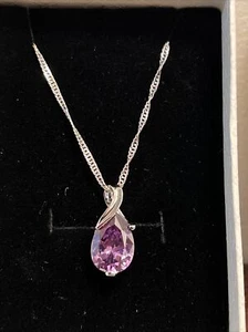 925 Sterling Silver Necklace Chain With Simulated Amethyst Pendant NEW - Picture 1 of 7