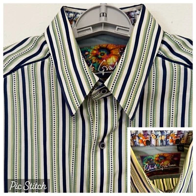 Camisa a Rayas Robert Graham Talla Mediana Verde Negra Patrón Punteado Puños Musicales Foto 1 de 4