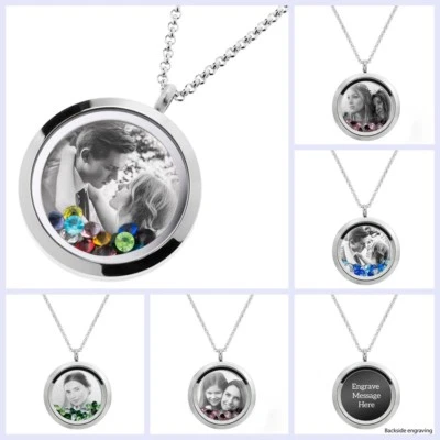 Personalized Photo & Message Engrave Floating Crystals Locket Pendant Necklace  - Image 1 of 4