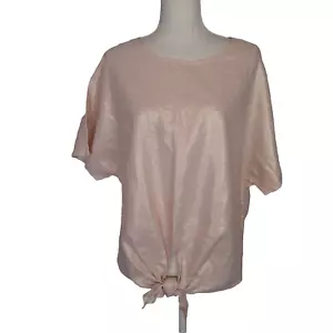 Anne Klein Pink Shimmer Short Sleeve Front Tie Blouse Womens Sz. L top Career - Picture 1 of 19